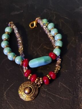 Turquoise and Red Beaded Pendant Bracelet - Women Jewelry